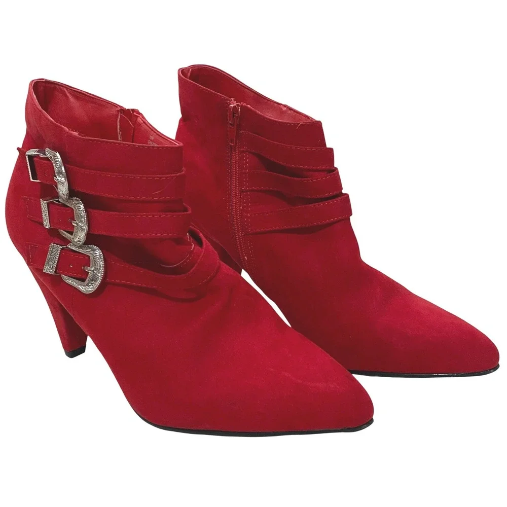 Red Faux Suede Western Ankle Boots Womens Size 10 Cowgirl Rodeo Boho Bootie Bold